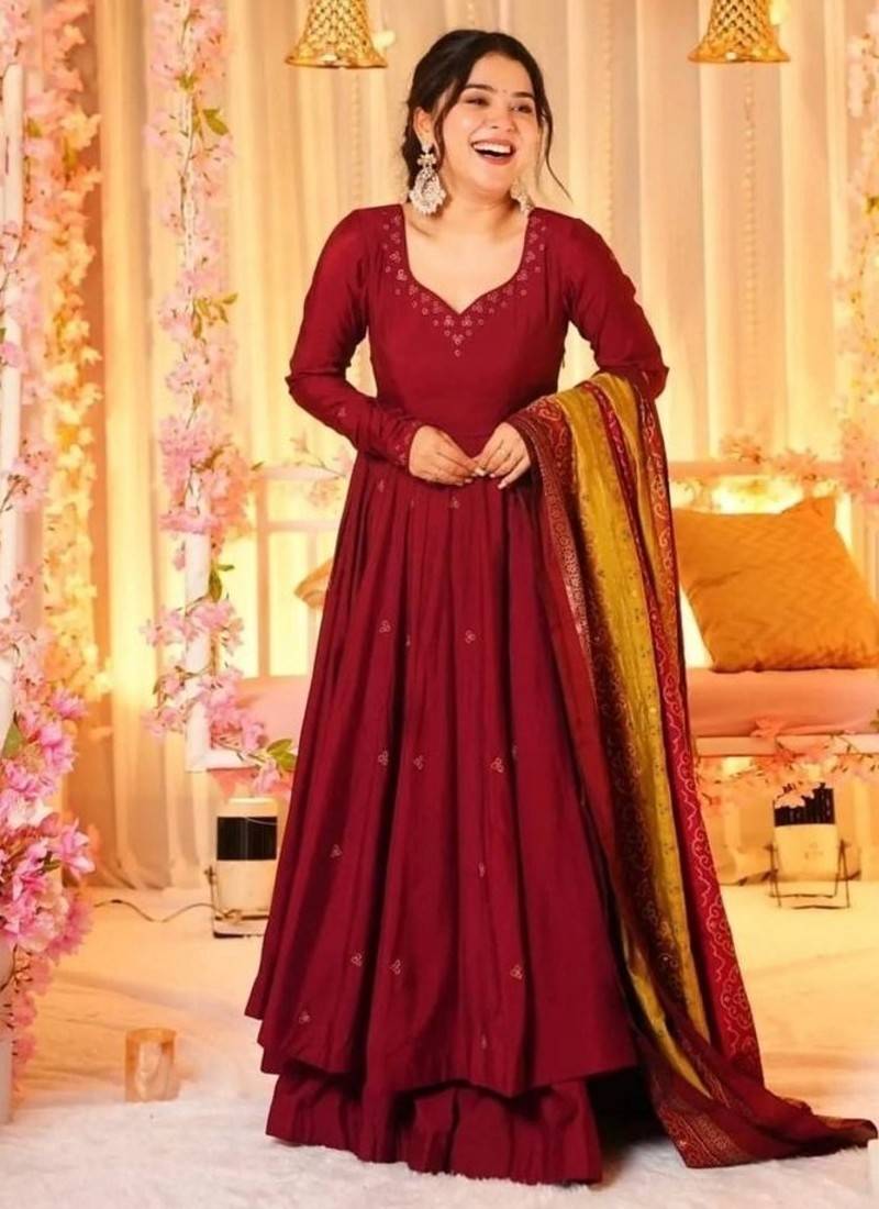 chinnon silk gown with flair  and digital print dupatta