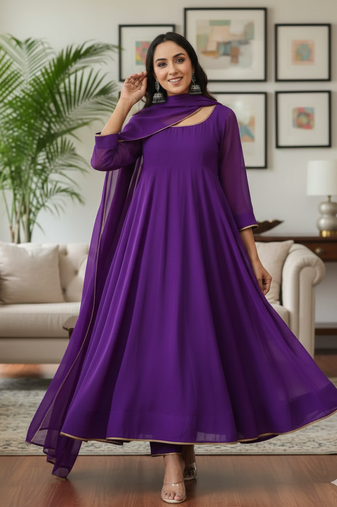 Purple Georgette Gota Lace Work Anarkali suit with Pant & Dupatta  Set 