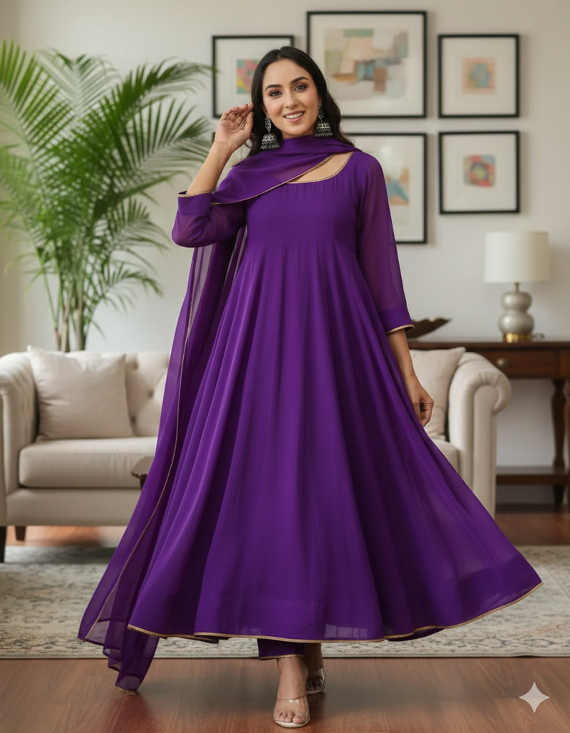 Purple Georgette Gota Lace Work Anarkali suit with Pant & Dupatta  Set 