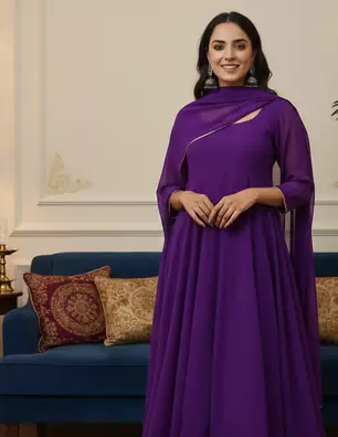 Purple Georgette Gota Lace Work Anarkali suit with Pant & Dupatta  Set 