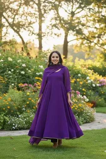 Purple Georgette Gota Lace Work Anarkali suit with Pant & Dupatta  Set 