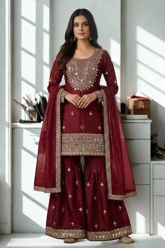 Maroon Silk Sequence Work Kurta Palazzo and Dupatta 3pc Set