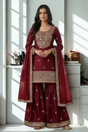 Maroon Silk Sequence Work Kurta Palazzo and Dupatta 3pc Set