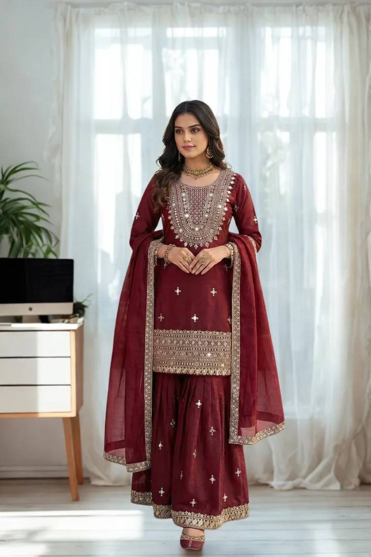 Maroon Silk Sequence Work Kurta Palazzo and Dupatta 3pc Set