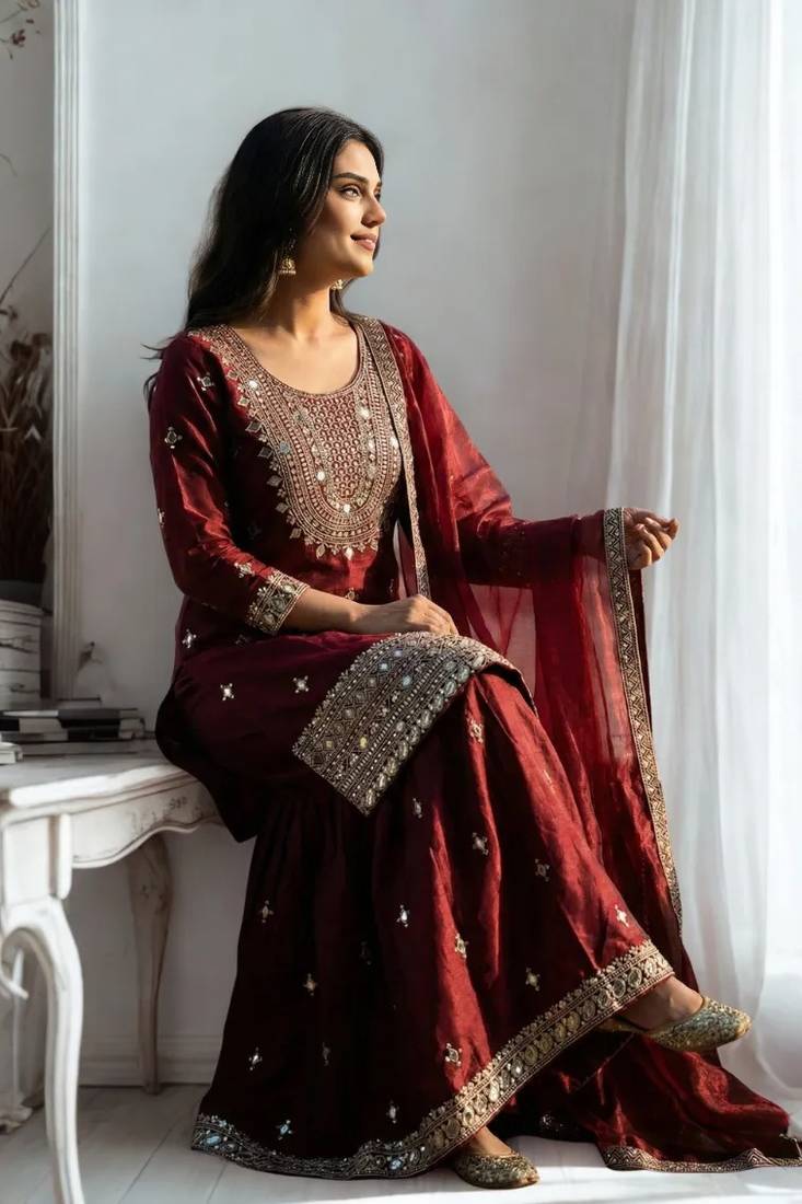 Maroon Silk Sequence Work Kurta Palazzo and Dupatta 3pc Set