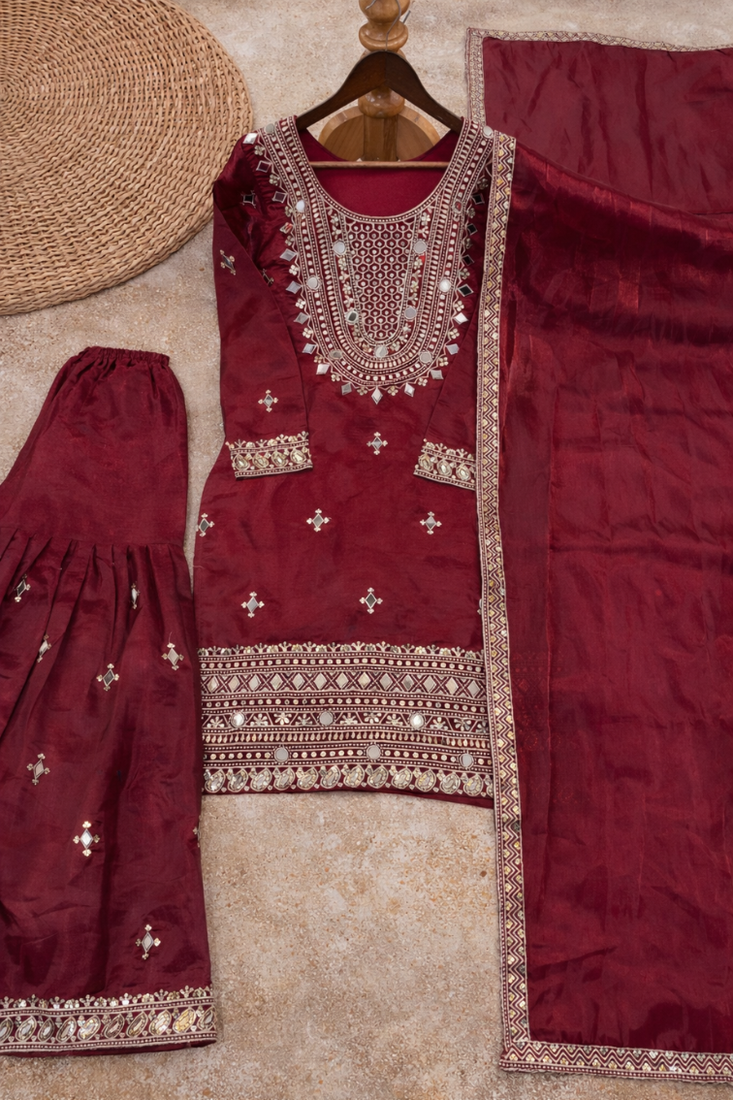 Maroon Silk Sequence Work Kurta Palazzo and Dupatta 3pc Set