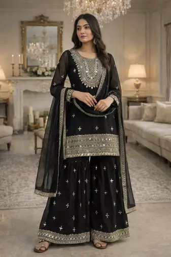 Black Silk Sequence Work Kurta Palazzo and Dupatta 3pc Set