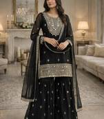 Black Silk Sequence Work Kurta Palazzo and Dupatta 3pc Set