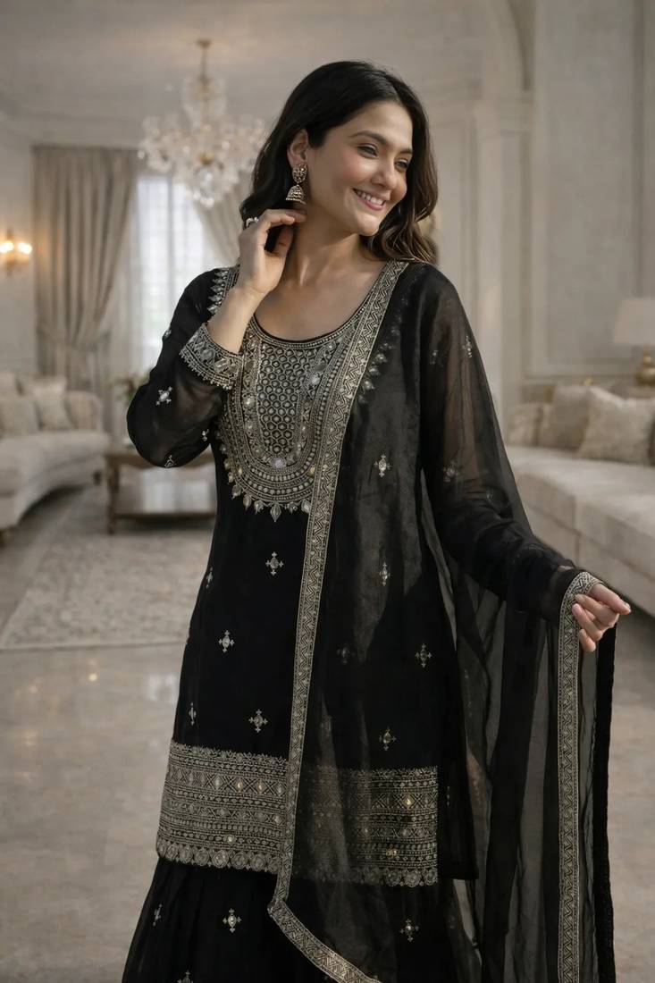 Black Silk Sequence Work Kurta Palazzo and Dupatta 3pc Set