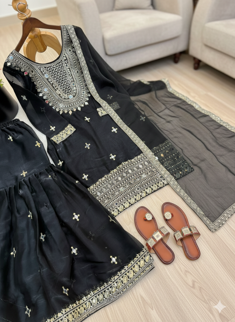 Black Silk Sequence Work Kurta Palazzo and Dupatta 3pc Set