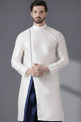 White embroidered dupion silk kurta