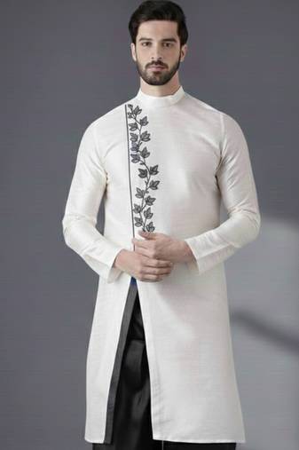 White embroidered dupion silk kurta