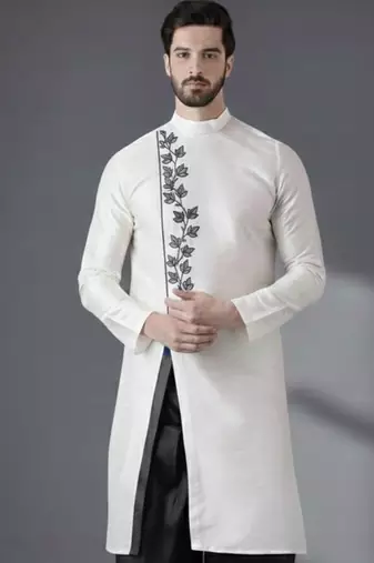 White embroidered dupion silk kurta