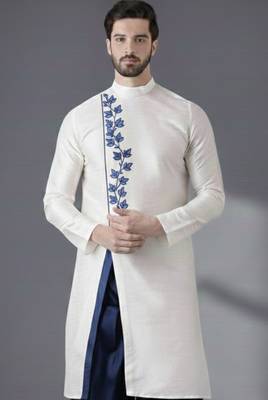 White embroidered dupion silk kurta 1