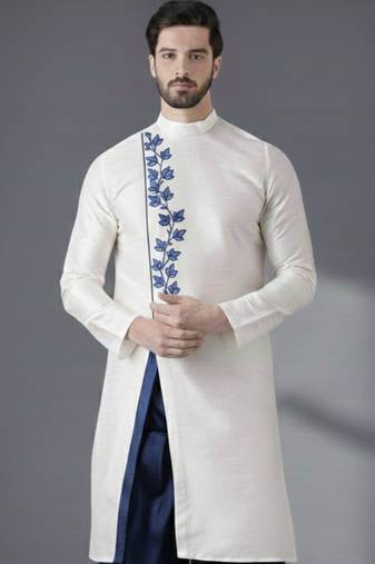 White embroidered dupion silk kurta