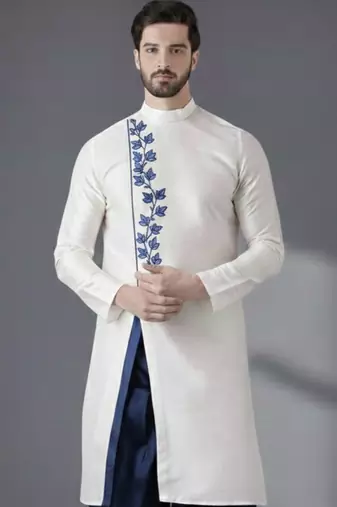 White embroidered dupion silk kurta