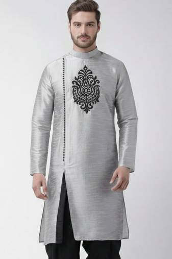 Grey embroidered dupion silk kurta