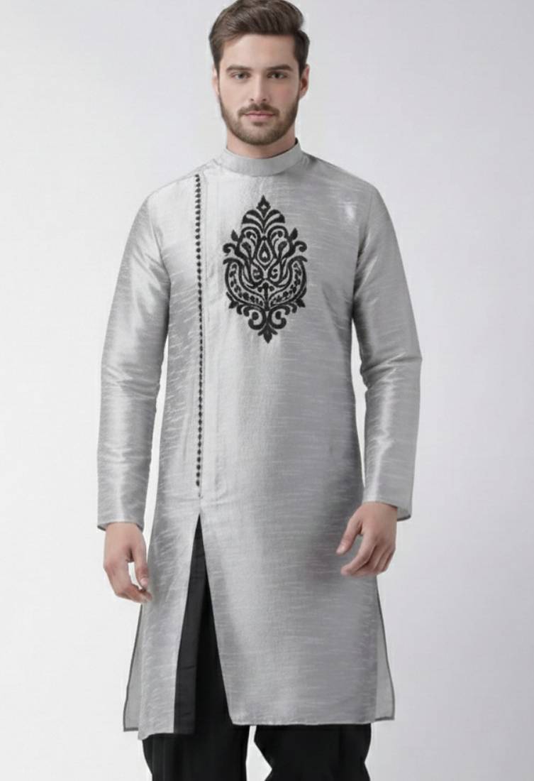 Grey embroidered dupion silk kurta