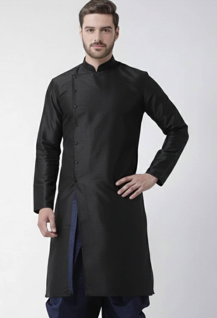 Black embroidered dupion silk kurta