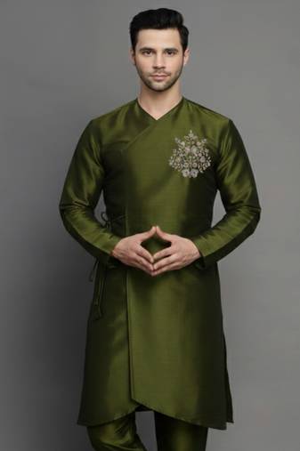 Mehandi embroidered dupion silk kurta