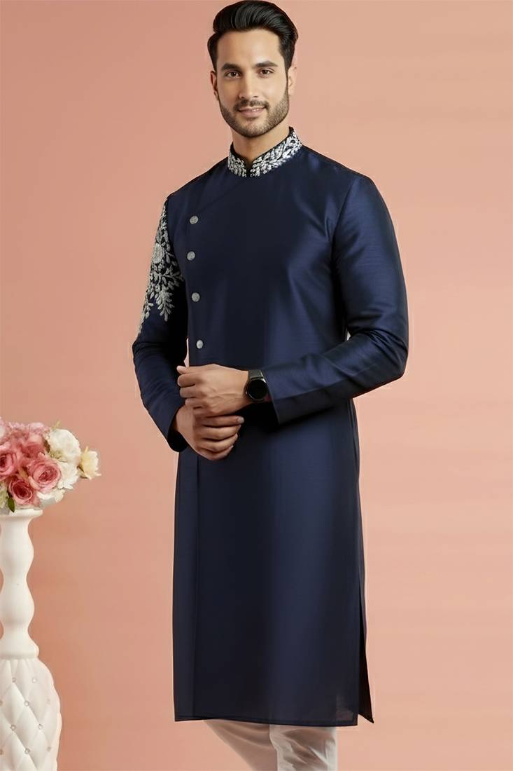 Navy embroidered dupion silk kurta