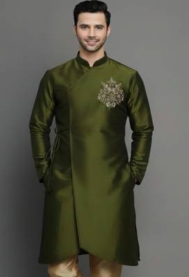 Mehandi embroidered dupion silk kurta 1