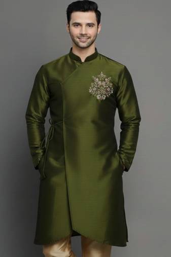 Mehandi embroidered dupion silk kurta