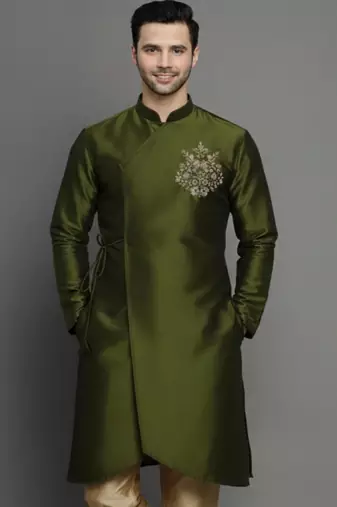 Mehandi embroidered dupion silk kurta