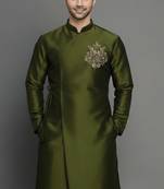 Mehandi embroidered dupion silk kurta