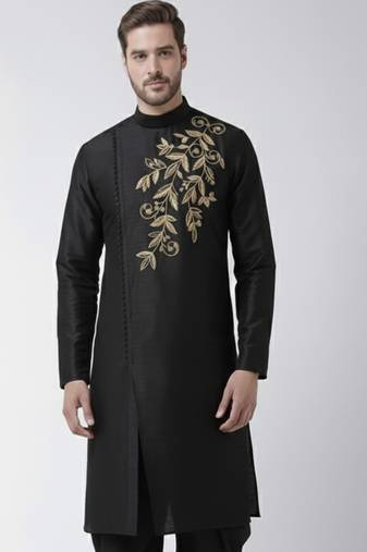 Black embroidered dupion silk kurta