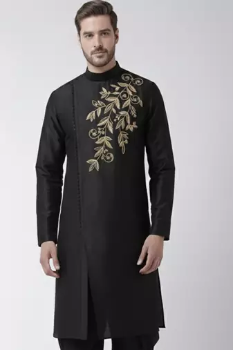 Black embroidered dupion silk kurta
