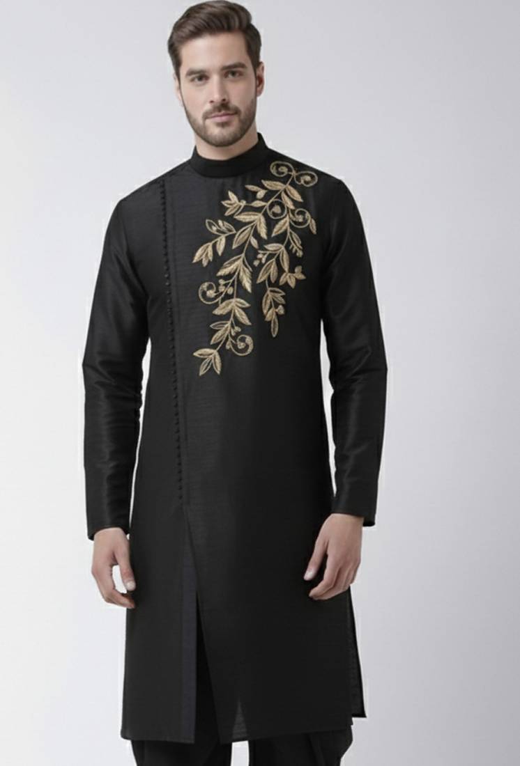 Black embroidered dupion silk kurta