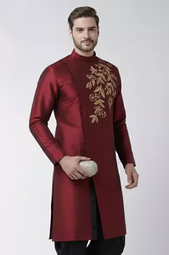 Maroon embroidered dupion silk kurta