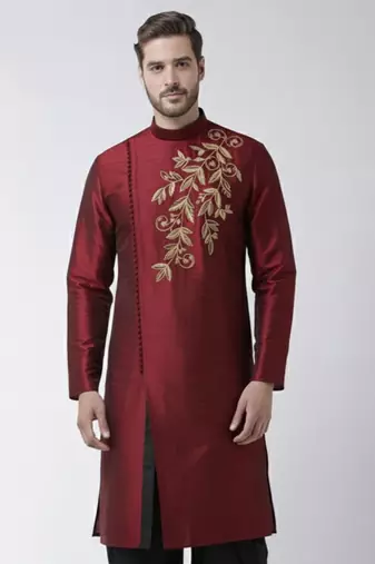 Maroon embroidered dupion silk kurta