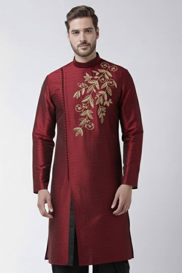 Maroon embroidered dupion silk kurta