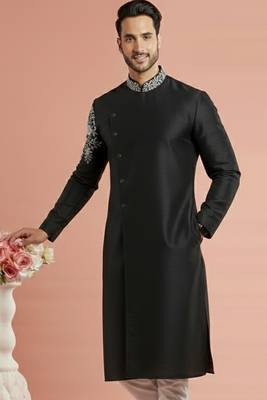 Black embroidered dupion silk kurta 1