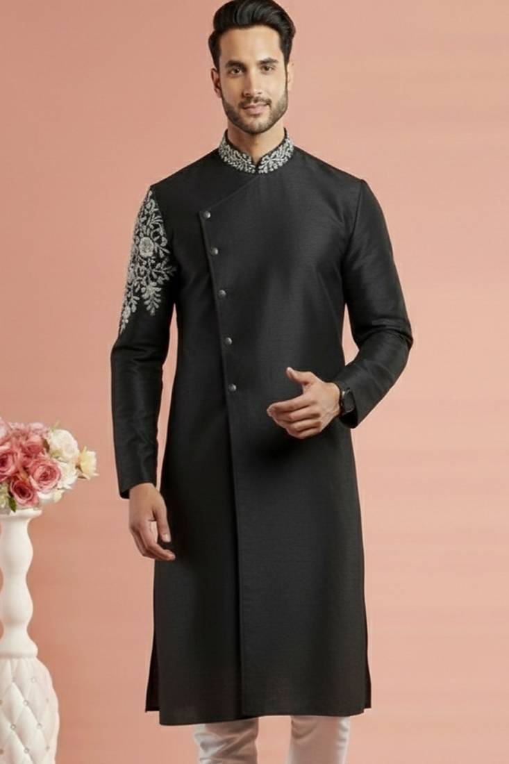 Black embroidered dupion silk kurta