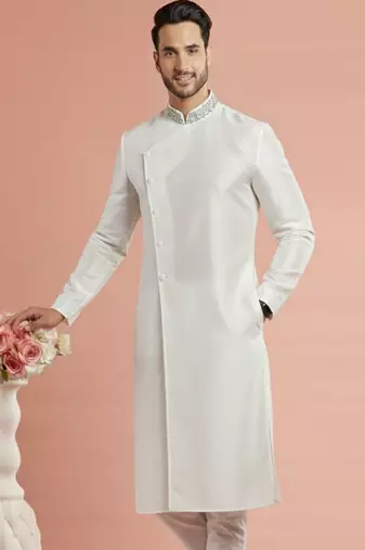 White embroidered dupion silk kurta