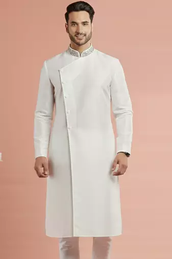 White embroidered dupion silk kurta