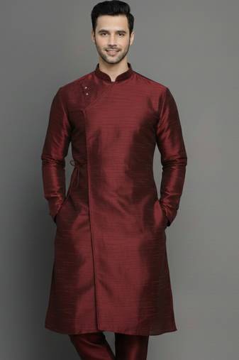 Maroon embroidered dupion silk kurta