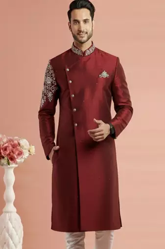 Maroon embroidered dupion silk kurta