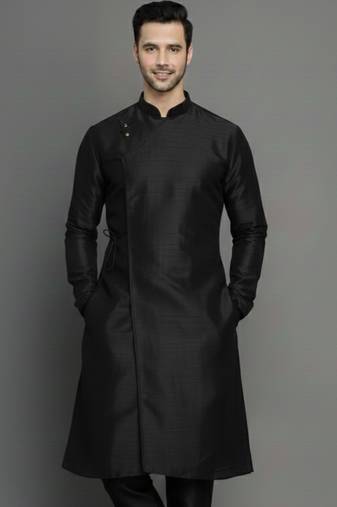 Black embroidered dupion silk kurta