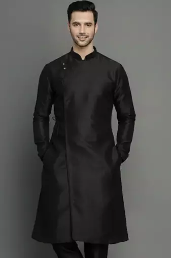 Black embroidered dupion silk kurta