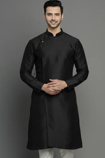 Black embroidered dupion silk kurta