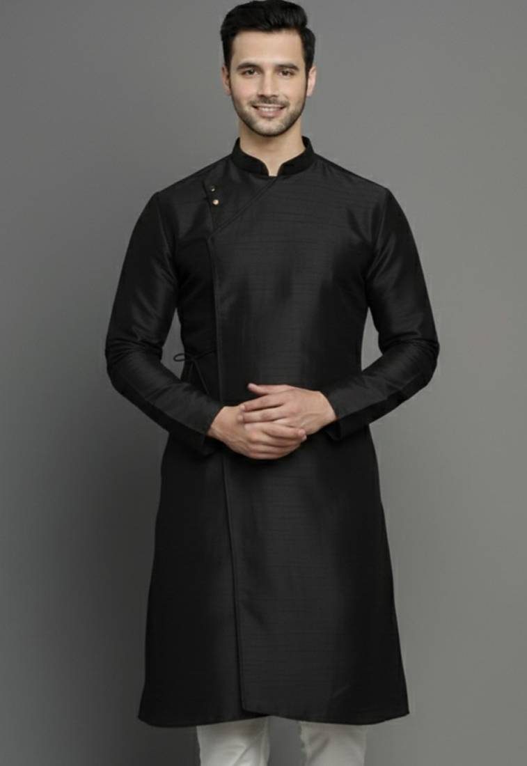 Black embroidered dupion silk kurta