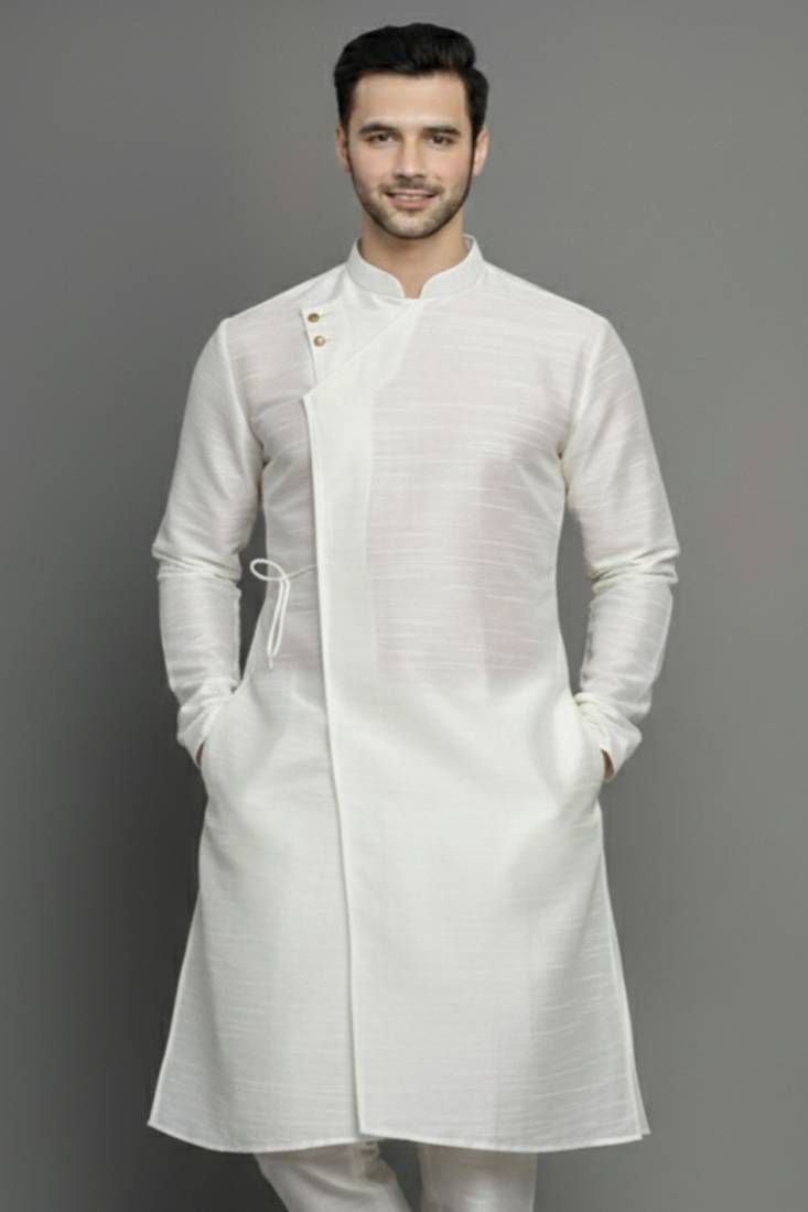 White embroidered dupion silk kurta
