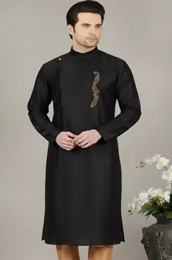 Black embroidered dupion silk kurta