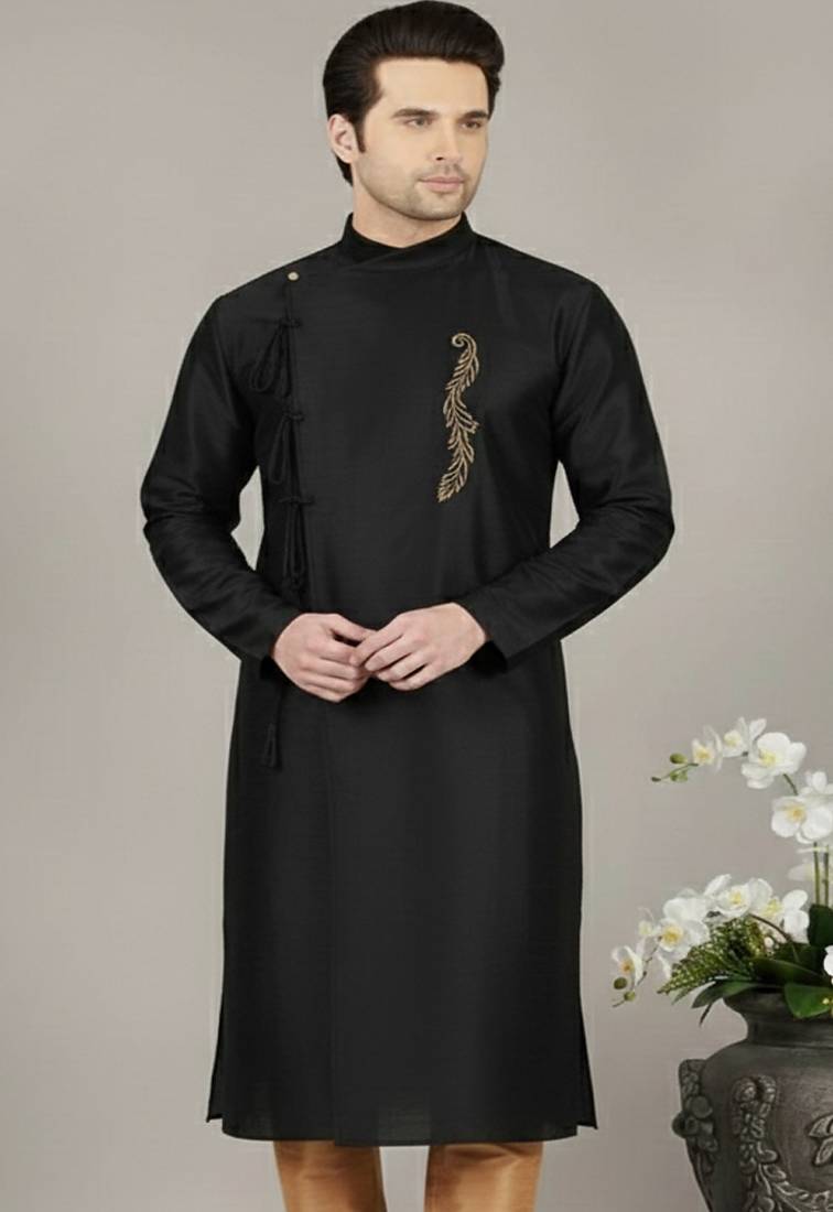 Black embroidered dupion silk kurta