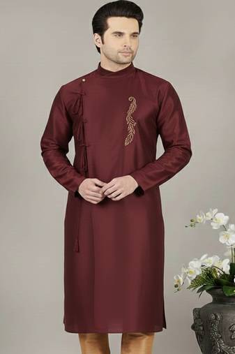 Maroon embroidered dupion silk kurta