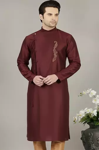 Maroon embroidered dupion silk kurta